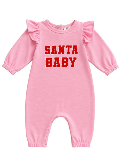 Pink baby romper with ruffled sleeves featuring "SANTA BABY" in bold red letters. Perfect for festive occasions.