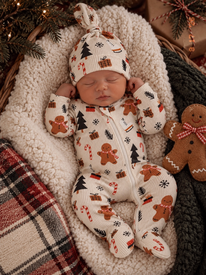 Sleeping baby in festive gingerbread-themed pajamas, nestled in a cozy blanket with holiday decorations around.