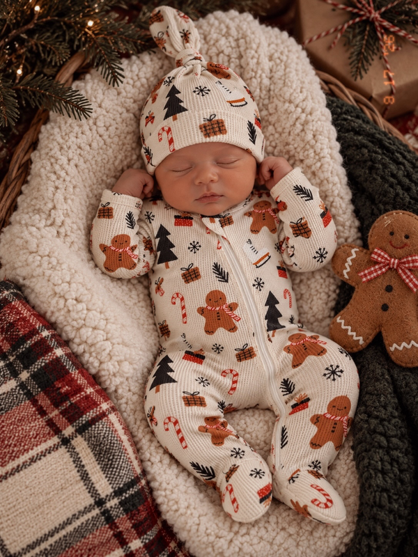 Sleeping baby in festive gingerbread-themed pajamas, nestled in a cozy blanket with holiday decorations around.
