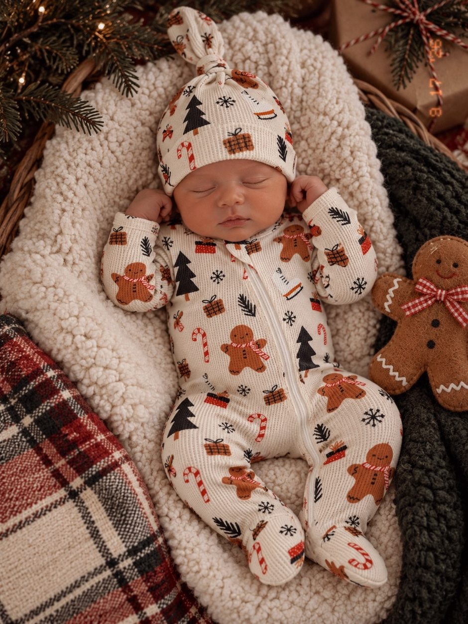 Sleeping baby in festive gingerbread-themed pajamas, nestled in a cozy blanket with holiday decorations around.