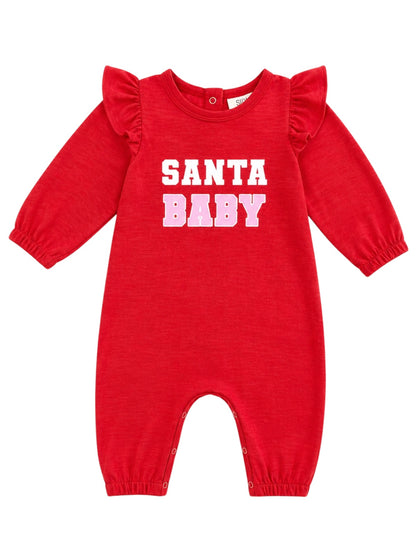 Red baby onesie with ruffled sleeves featuring the text "SANTA BABY" in playful colors.
