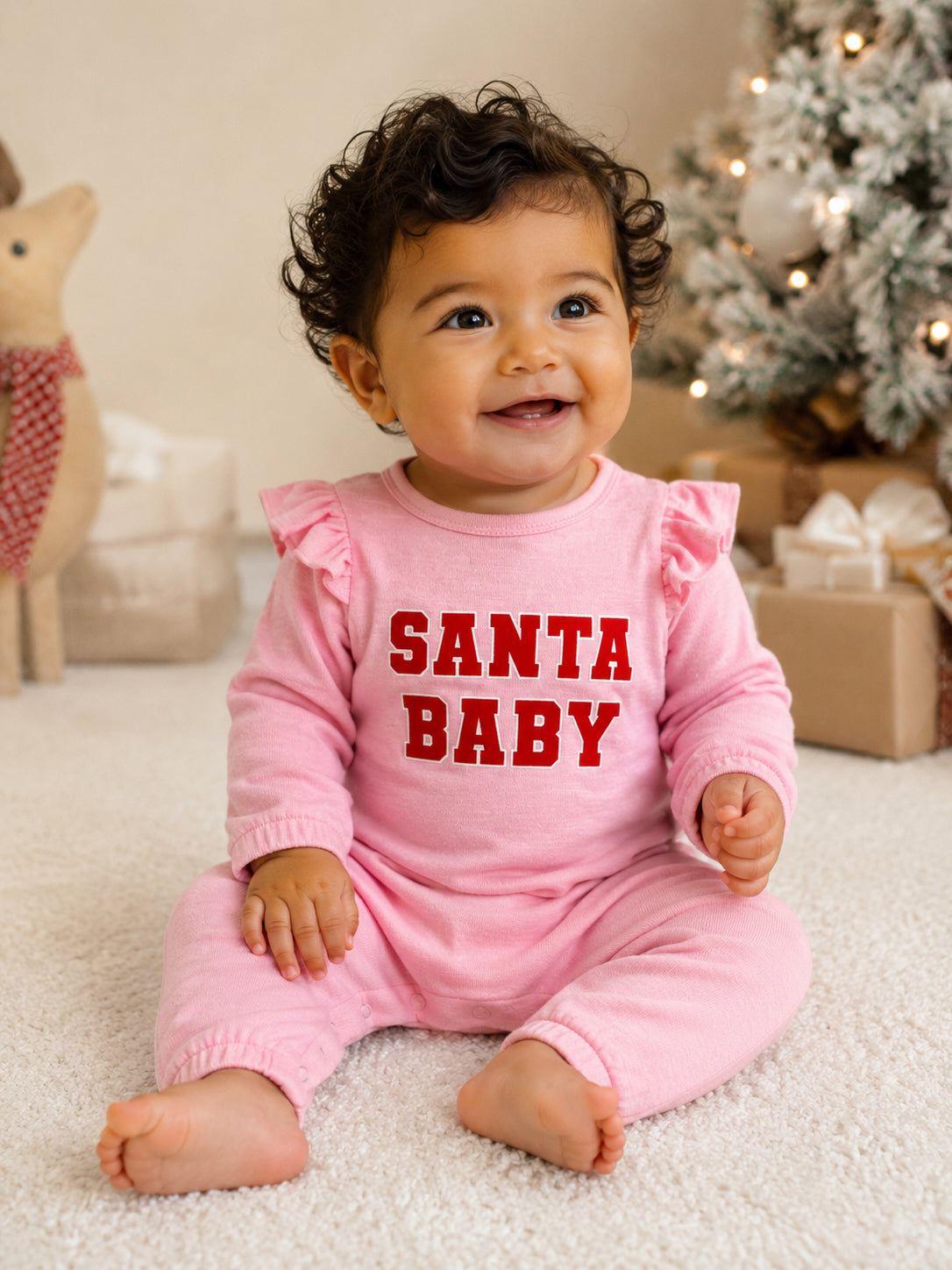 Smiling baby in pink "Santa Baby" outfit, seated on a soft rug with holiday decorations in the background.