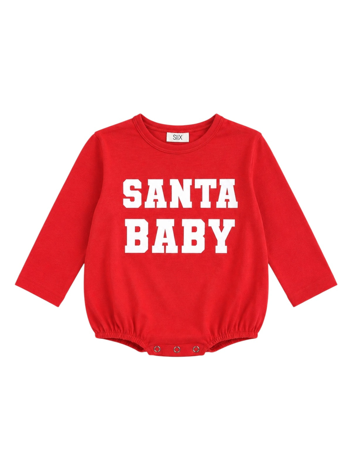 Red baby onesie with "SANTA BABY" text in white, featuring long sleeves and snap closures at the bottom.