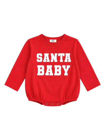 Red baby onesie with "SANTA BABY" text in white, featuring long sleeves and snap closures at the bottom.