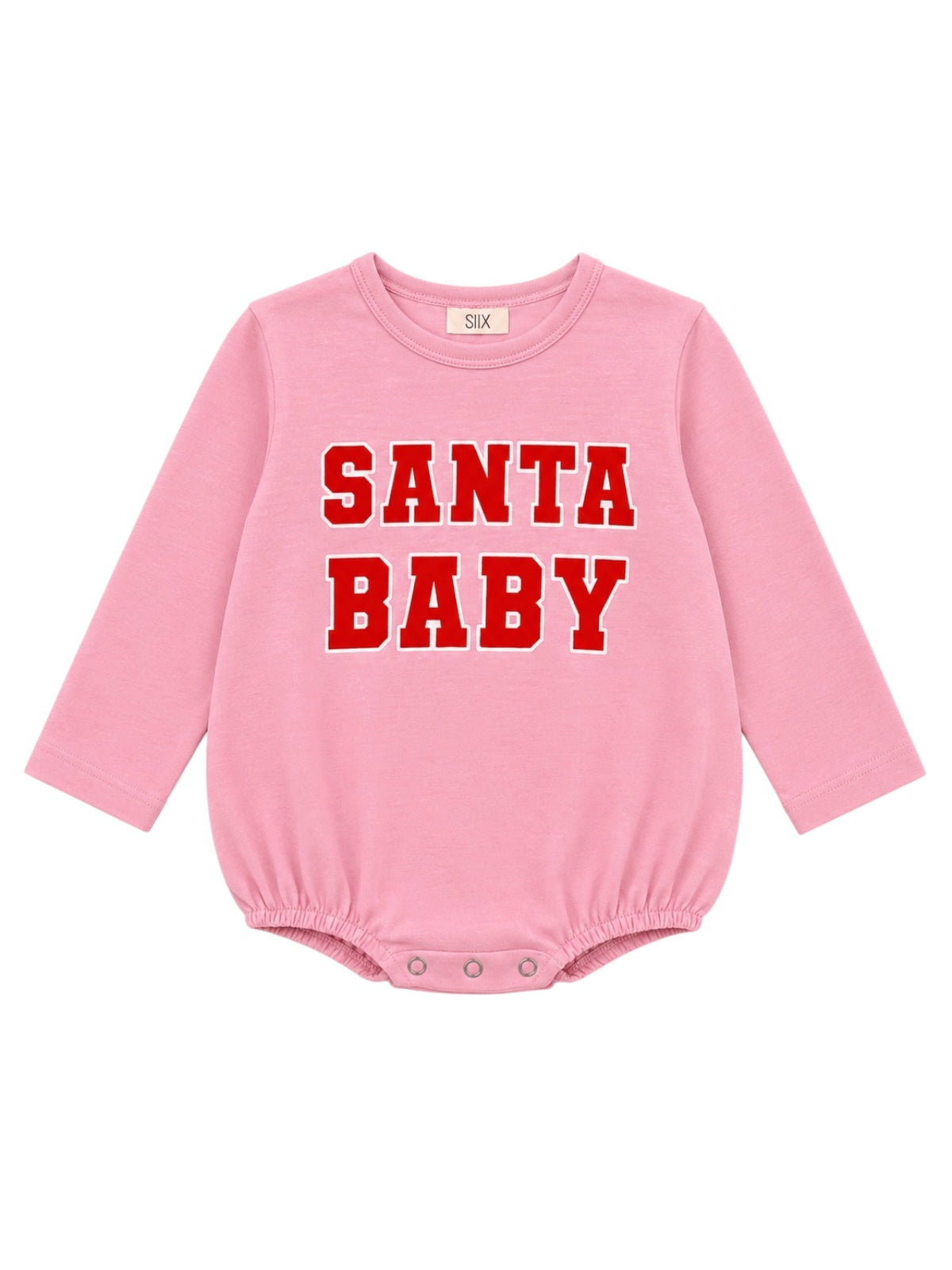 Pink baby onesie with "SANTA BABY" text in bold red letters. Suitable for holiday celebrations.