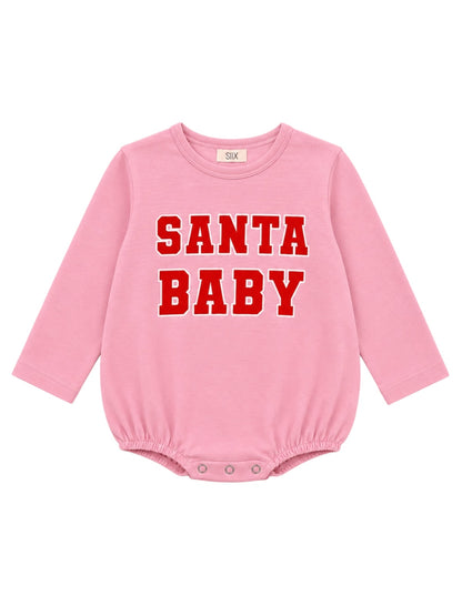 Pink baby onesie with "SANTA BABY" text in bold red letters. Suitable for holiday celebrations.