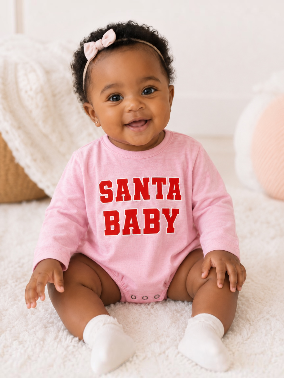 Smiling baby in a pink onesie with "SANTA BABY" text, sitting on a soft rug.
