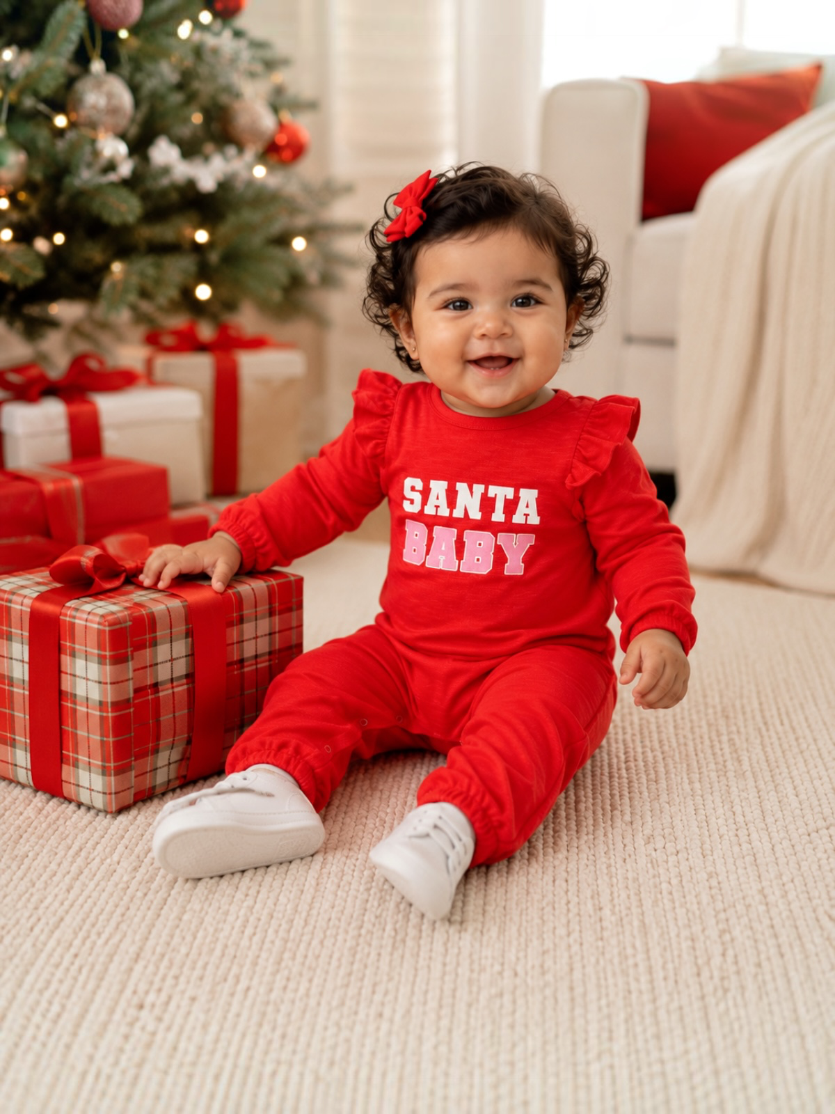 Smiling baby in festive red outfit sitting near Christmas tree and gift boxes, celebrating the holiday season.