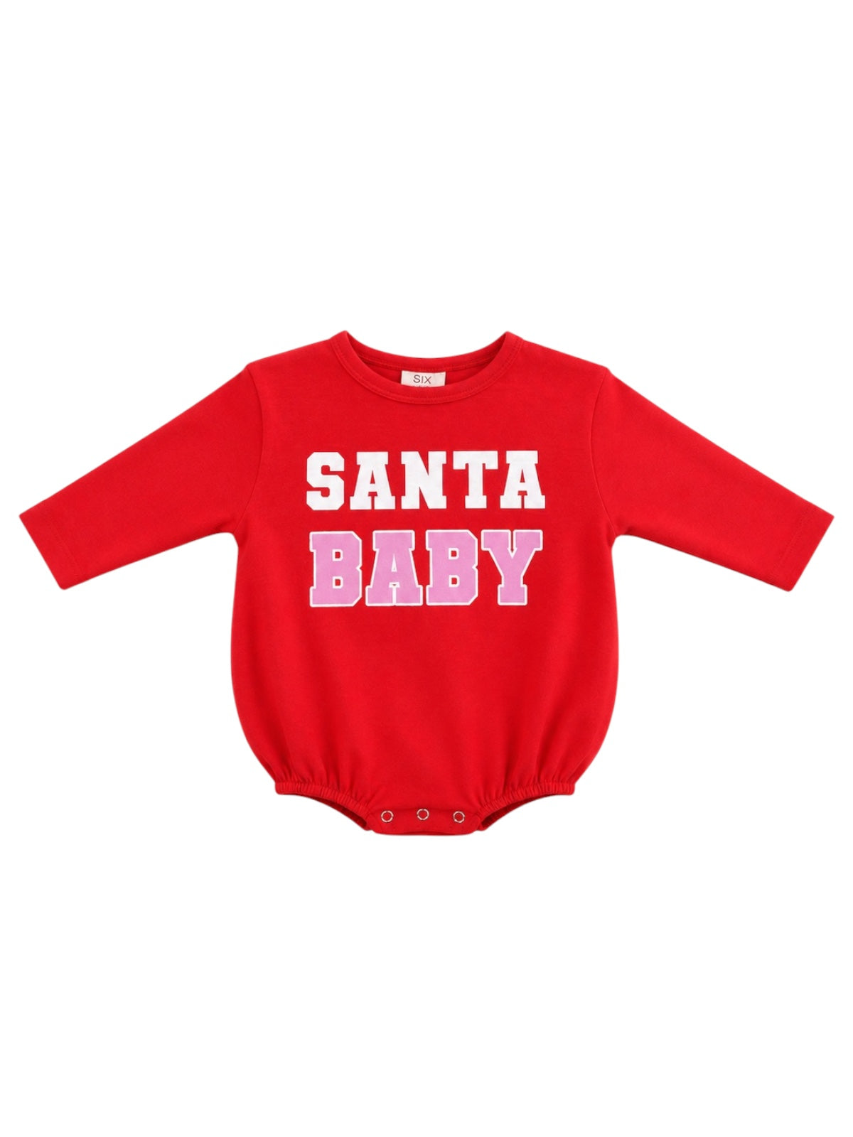 Red baby bodysuit with "SANTA BABY" printed in bold white and pink letters.