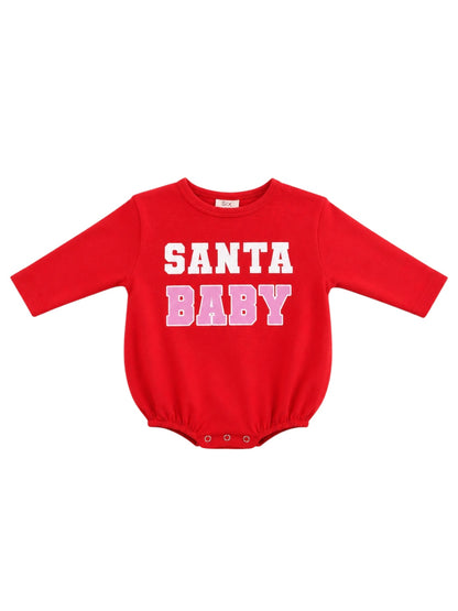 Red baby bodysuit with "SANTA BABY" printed in bold white and pink letters.