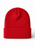 Red knitted beanie hat with a folded brim, displayed against a white background.