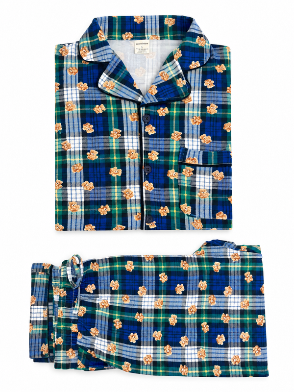 Blue and green checkered pajamas with teddy bear print, featuring a button-up top and matching pants.