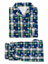 Blue and green checkered pajamas with teddy bear print, featuring a button-up top and matching pants.