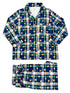 Blue and green plaid pajama set featuring a button-up shirt and matching pants with a playful teddy bear print.