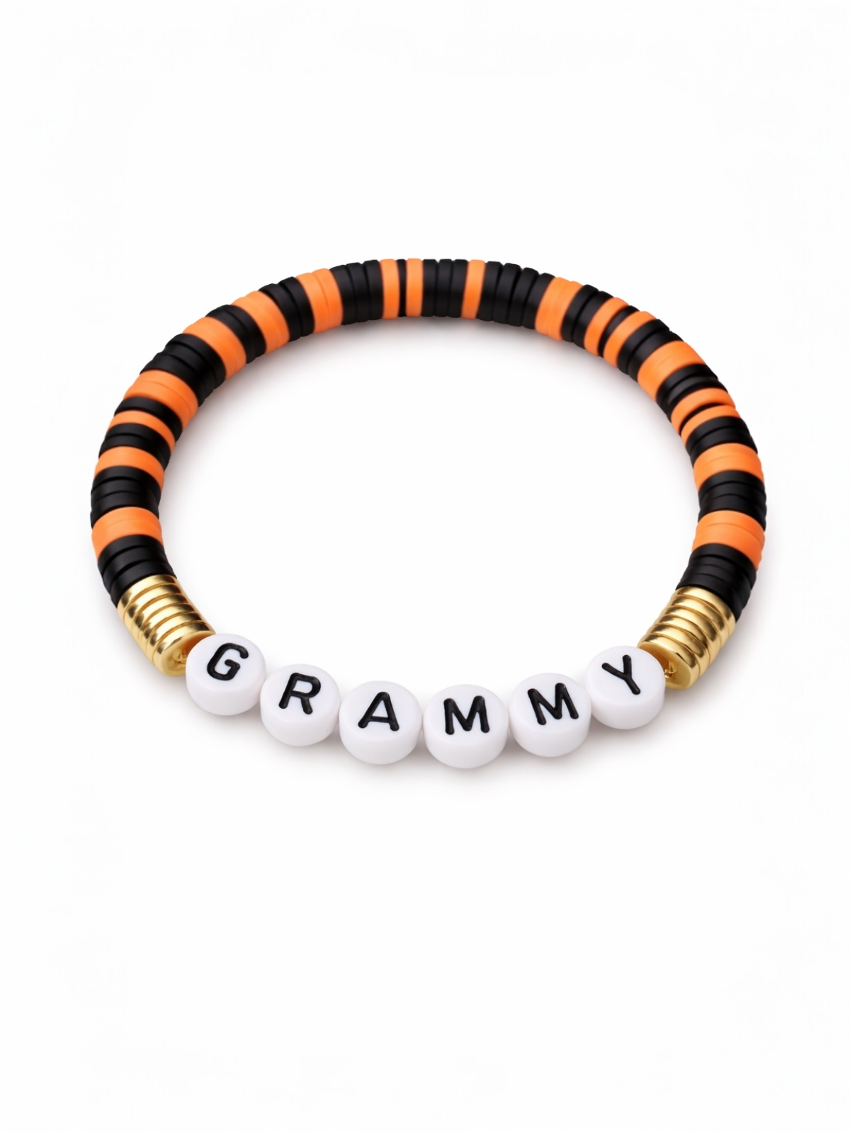 Colorful beaded bracelet featuring the word "GRAMMY" in white letters on a black and orange striped band.