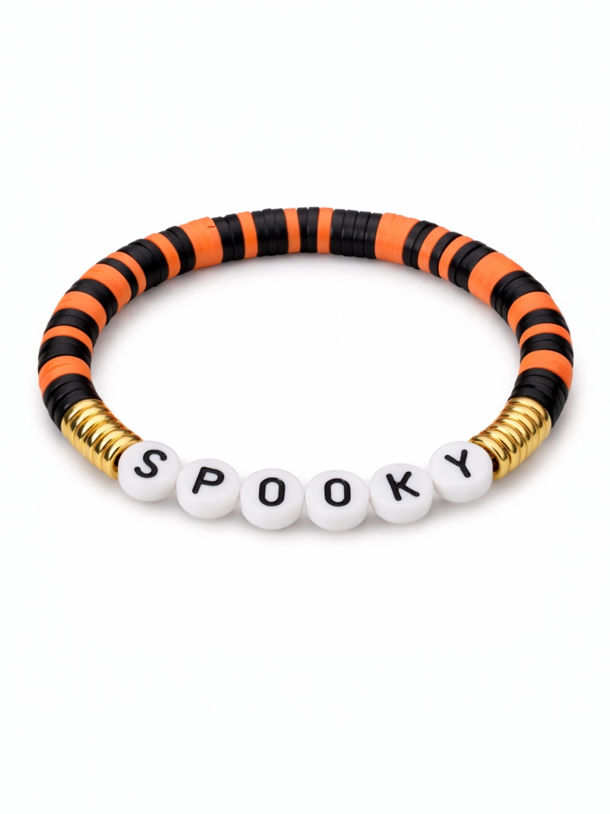 Black and orange striped bracelet with white beads spelling "SPOOKY" and gold accents. Perfect for Halloween.