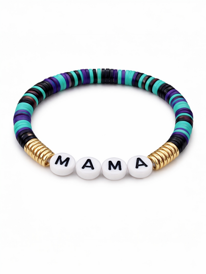 Colorful beaded bracelet with "MAMA" spelled out in white beads. Gold accents and vibrant patterns.