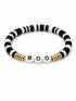Black and white striped bracelet with gold accents featuring the beads that spell "BOO."