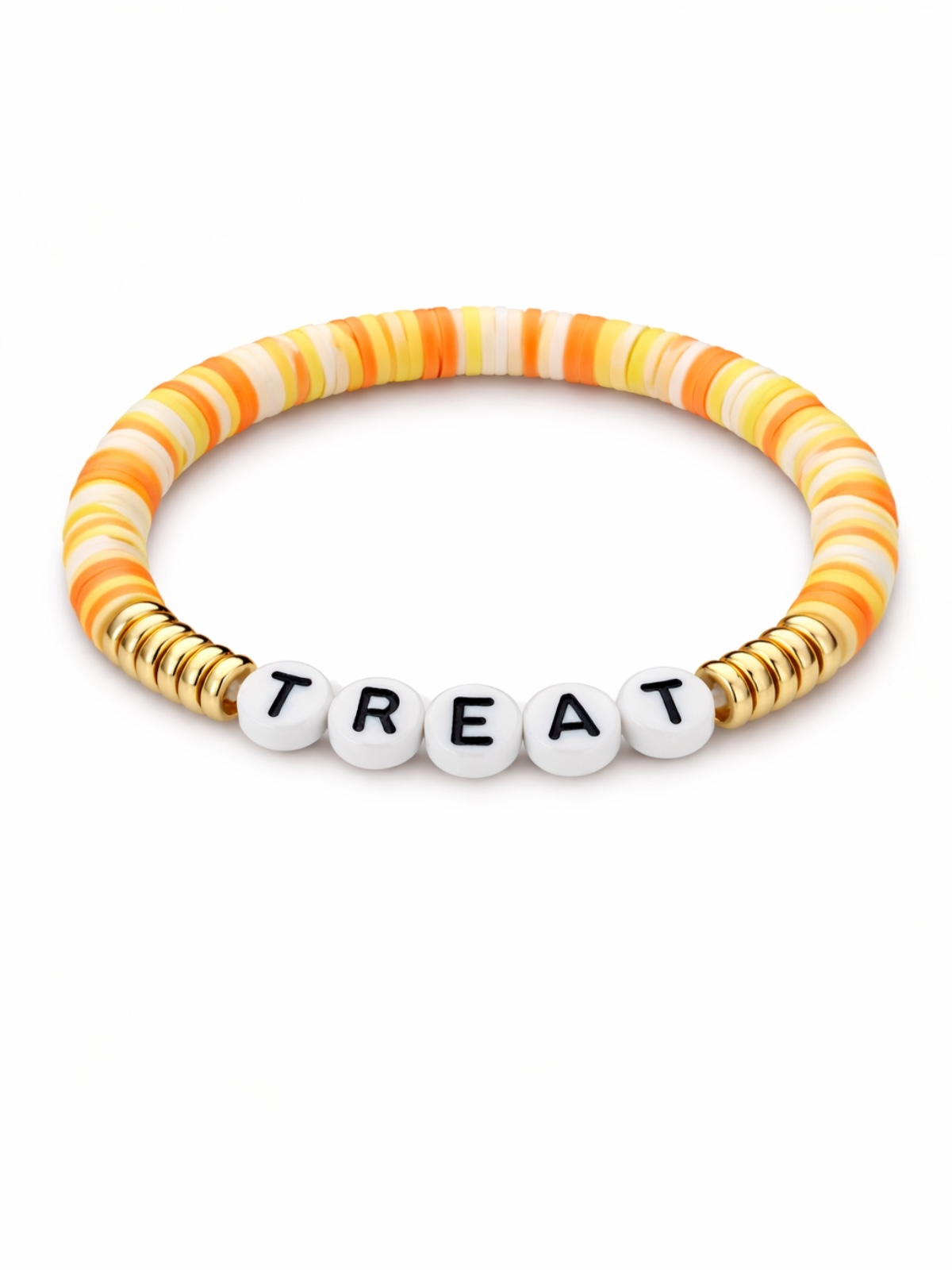 Colorful beaded bracelet with the word "TREAT" in white letters.