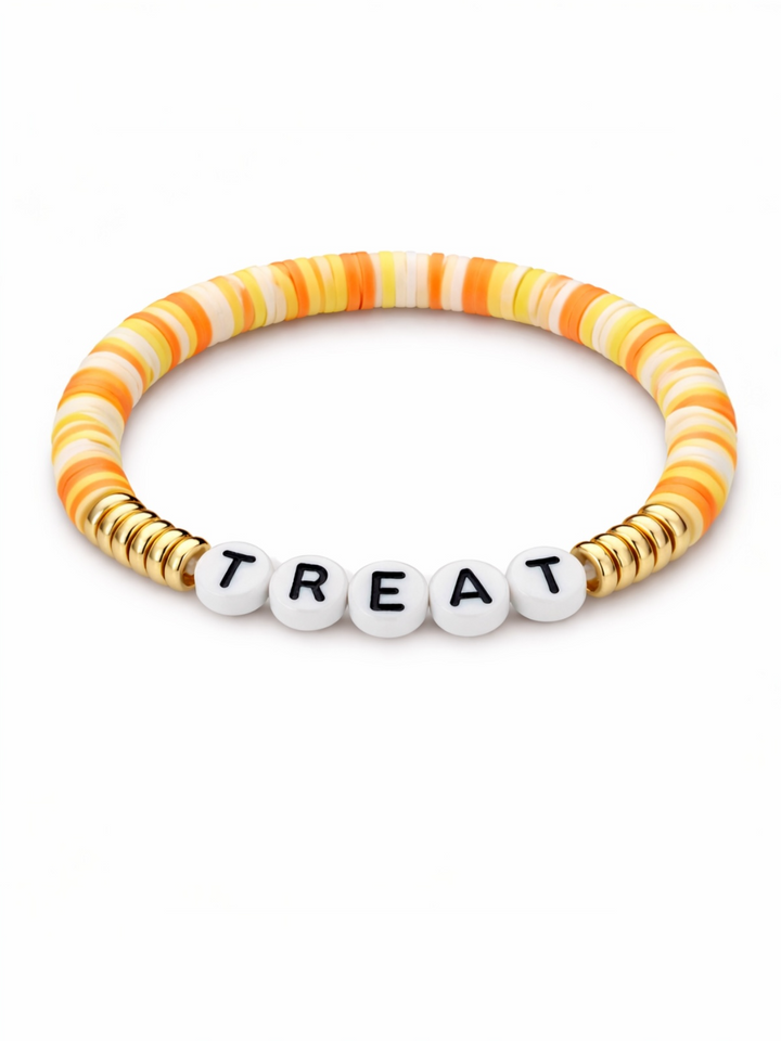 Colorful beaded bracelet with the word "TREAT" in white letters.