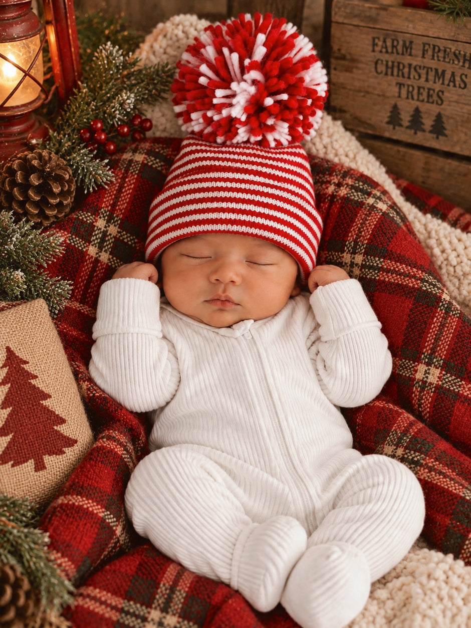 Baby's First Hat®, Red/White Stripe Pom