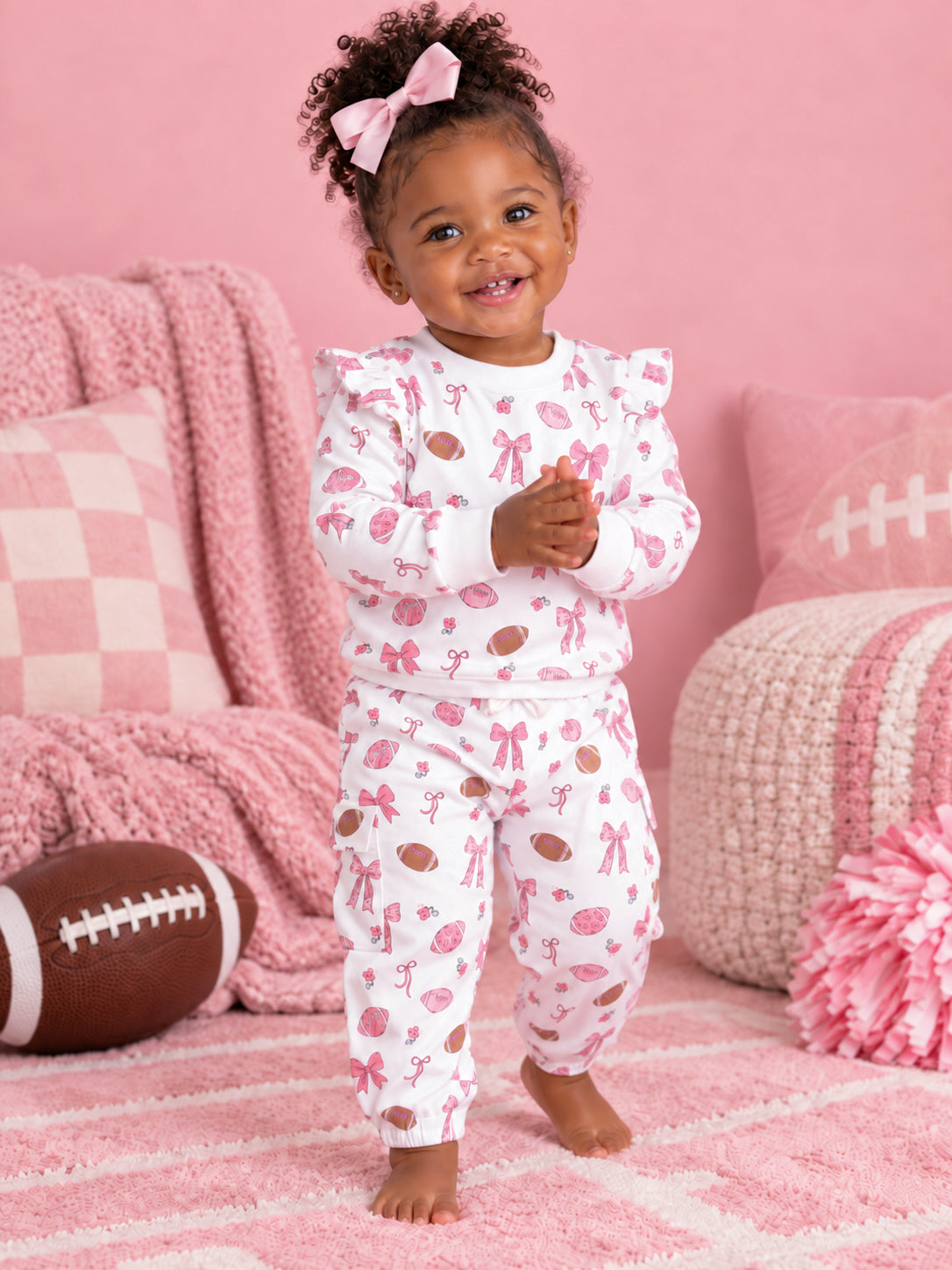 Ruffle Sweatshirt and Fashion Cargo Pants, Footballs and Bows