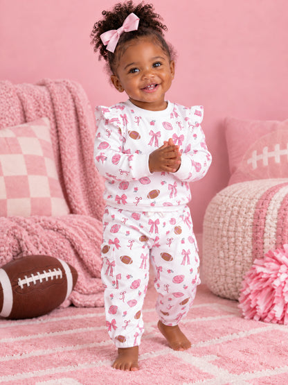 Ruffle Sweatshirt and Fashion Cargo Pants, Footballs and Bows