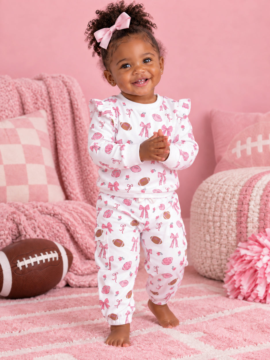 Ruffle Sweatshirt and Fashion Cargo Pants, Footballs and Bows