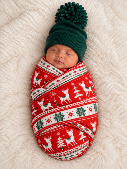 Muslin Swaddle, Red Vintage Deer Fair Isle