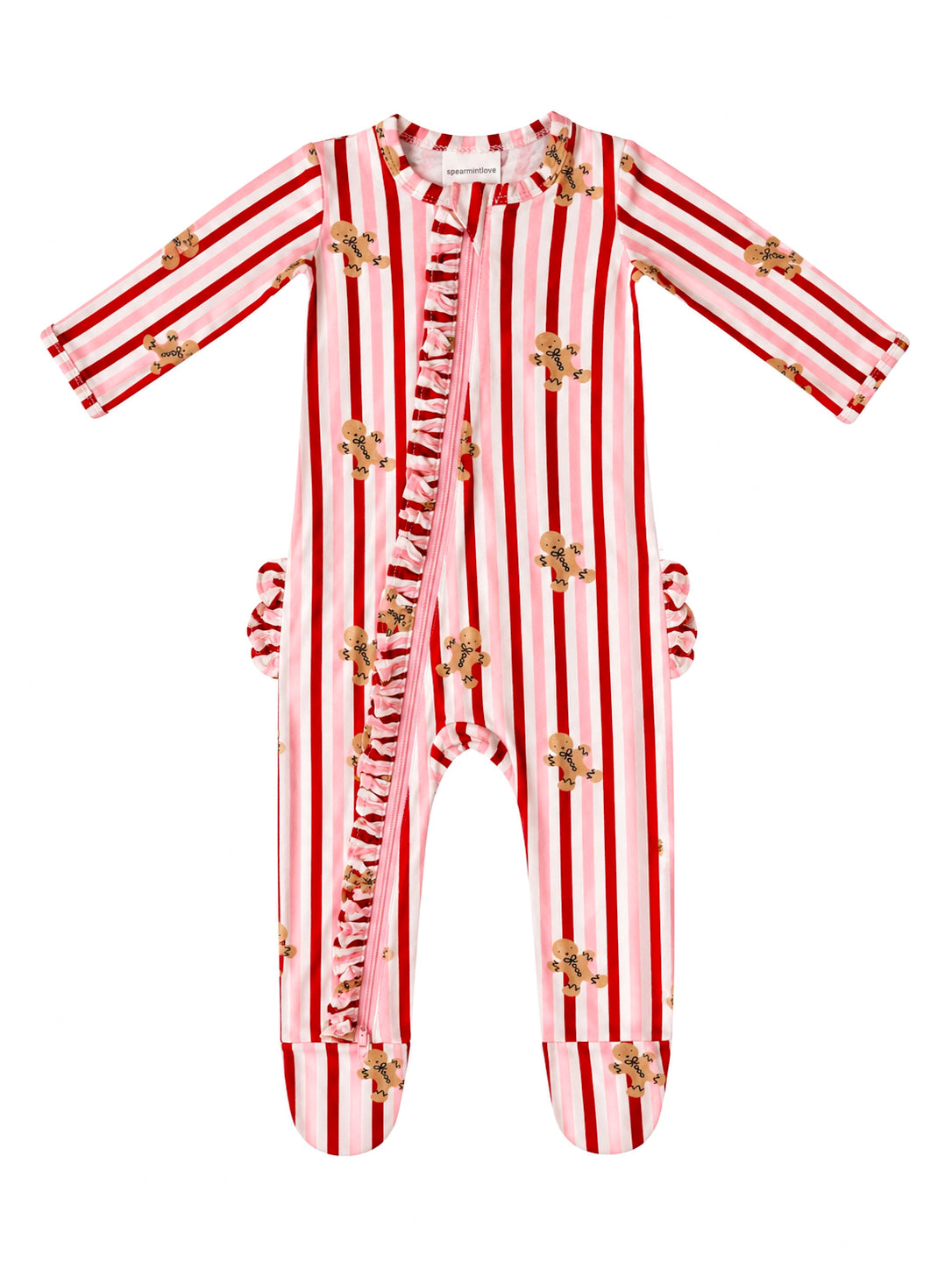 Red and white striped onesie with gingerbread patterns and ruffle detailing. Ideal for cozy playtime.