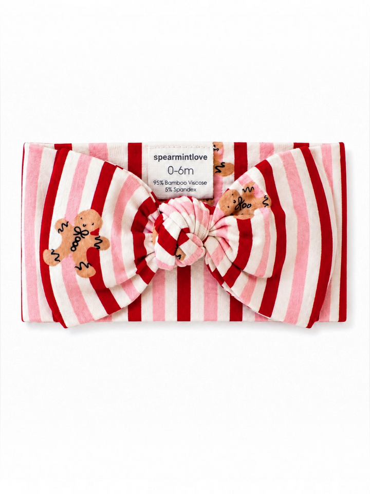 Red and white striped baby headband with gingerbread print, size 0-6 months, made from bamboo viscose and spandex.
