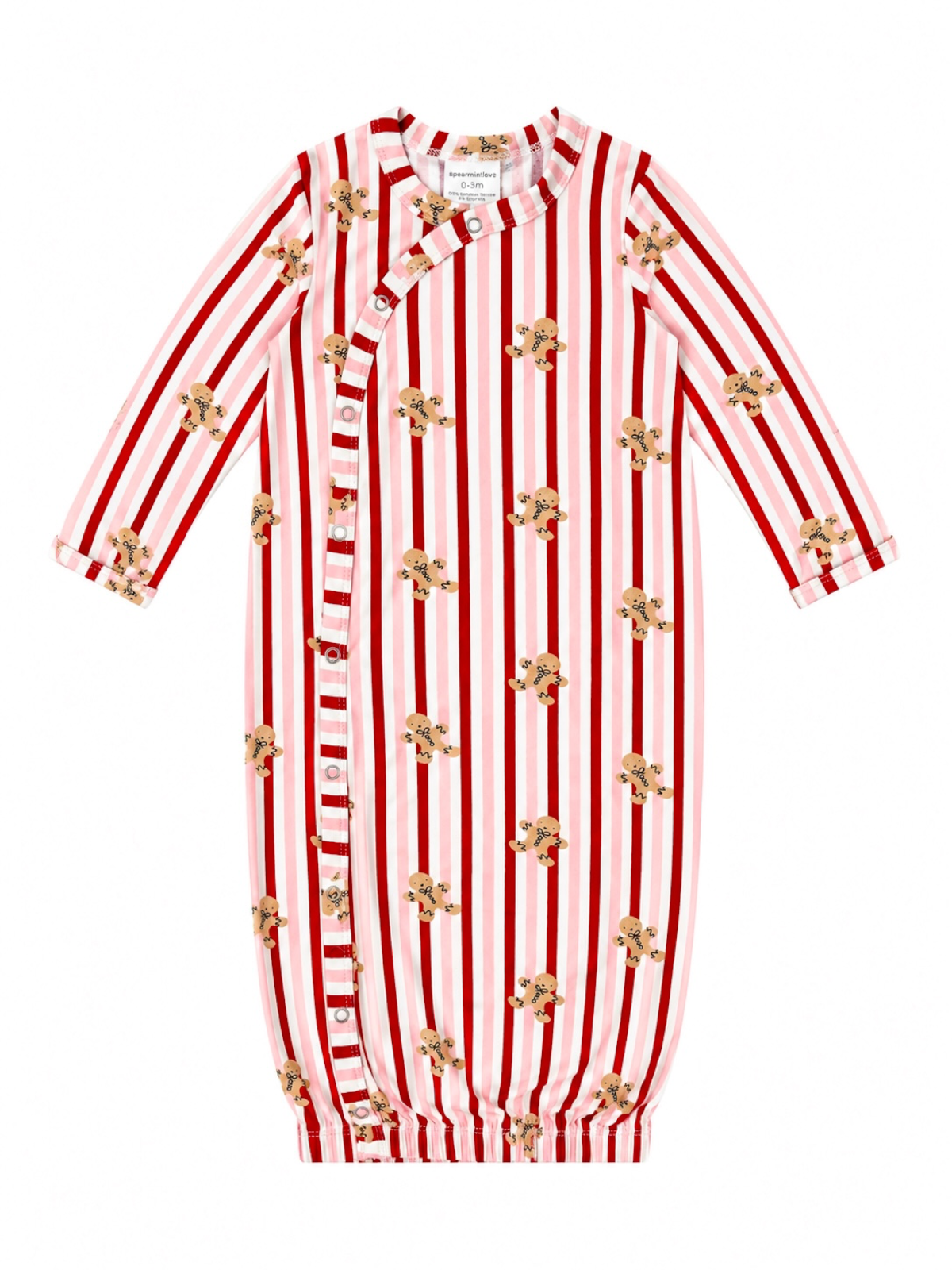 Red and white striped baby gown featuring cute gingerbread cookies design and snap closures.