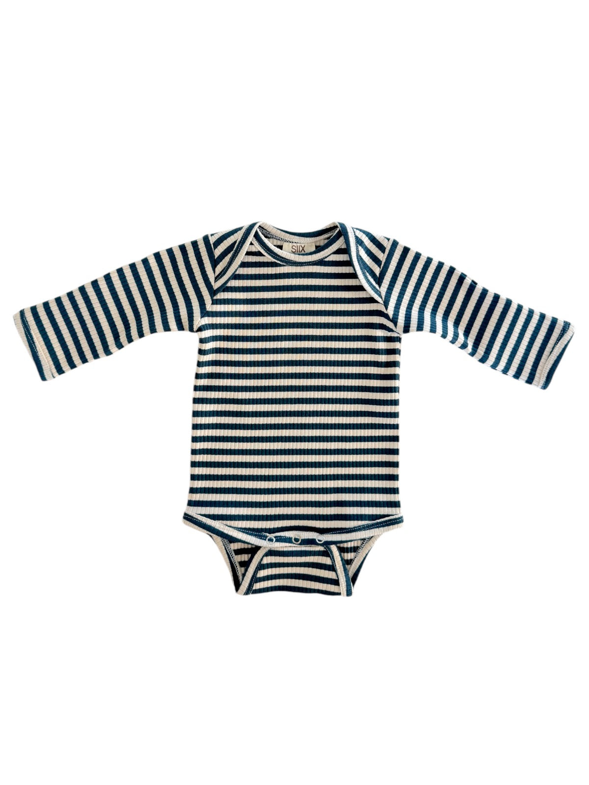 Striped long-sleeve bodysuit in navy and cream, suitable for infants.