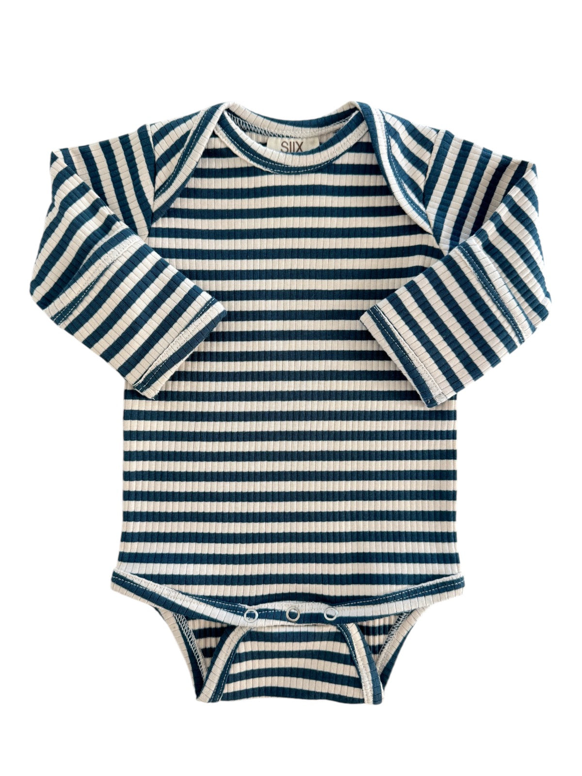 Blue and cream striped long-sleeve baby bodysuit with snap closure at the bottom.