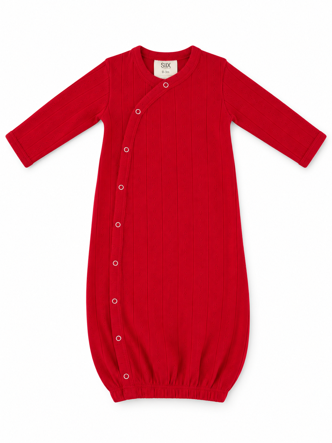 Red baby gown with long sleeves, snap buttons, and ribbed texture, suitable for infants 0-3 months.