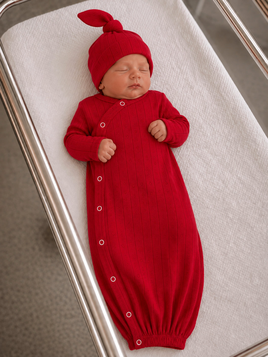Newborn sleeping in a red ribbed outfit and matching hat, resting on a white swaddling blanket.