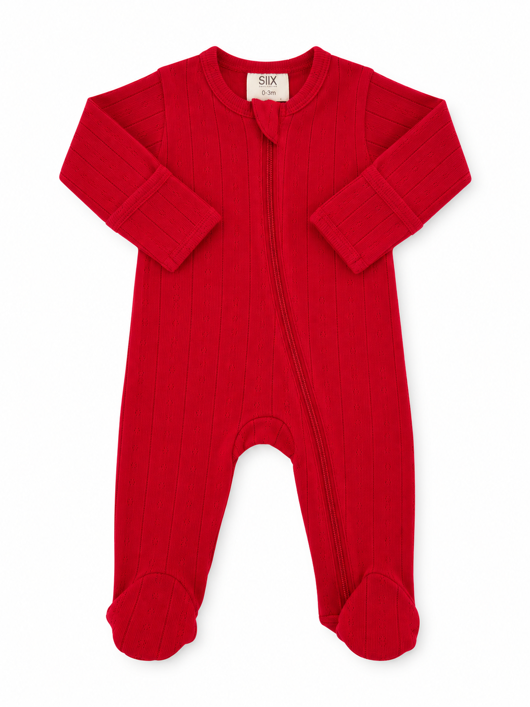 Red baby onesie with long sleeves and footed design, featuring a front zipper and ribbed texture. Size 0-3 months.