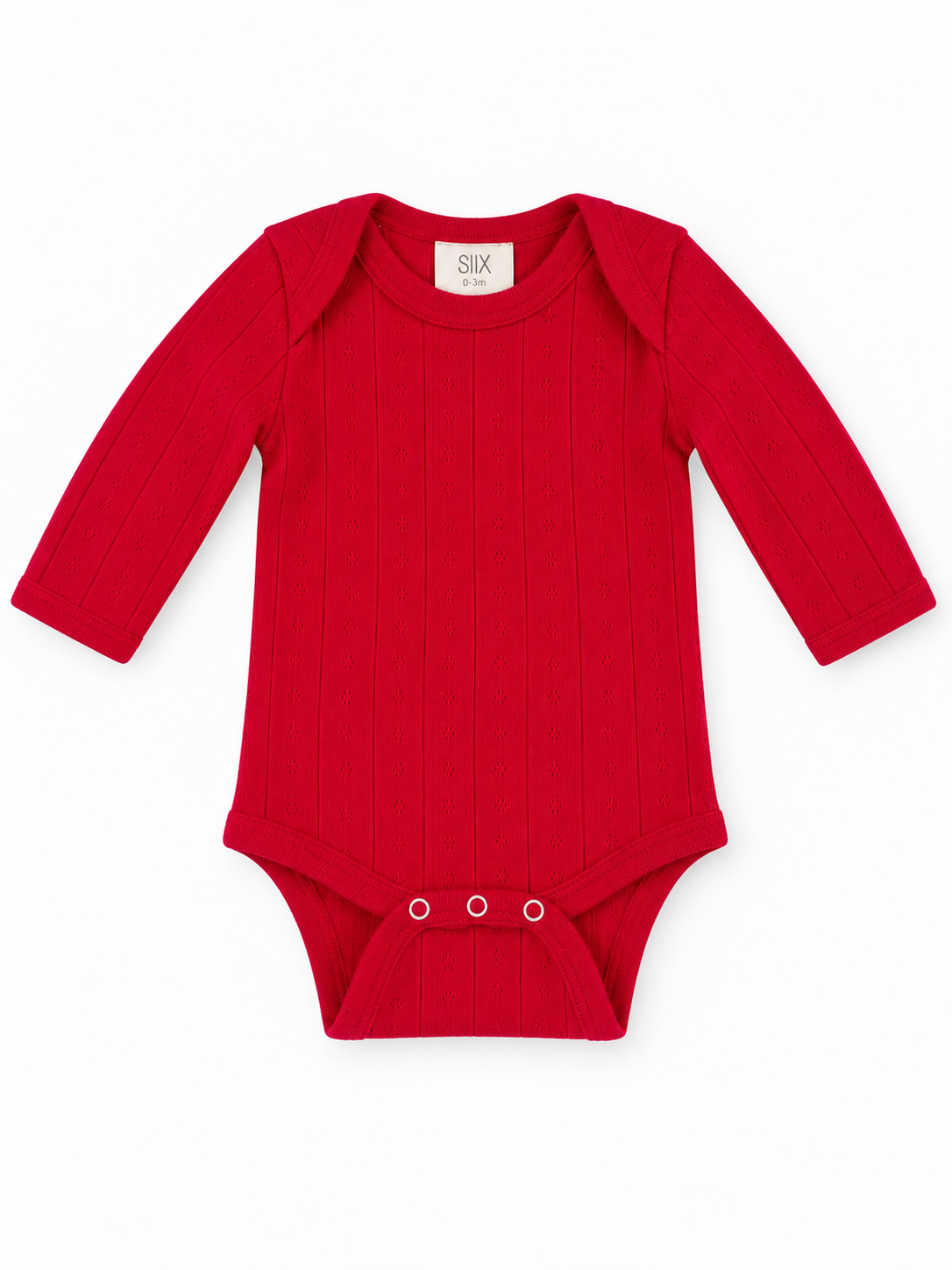 Red long-sleeve baby bodysuit with ribbed texture and snap closure at the bottom. Suitable for ages 0-3 months.