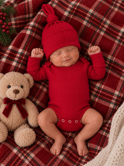 Smiling baby in a red outfit and hat, resting beside a teddy bear on a cozy plaid blanket.