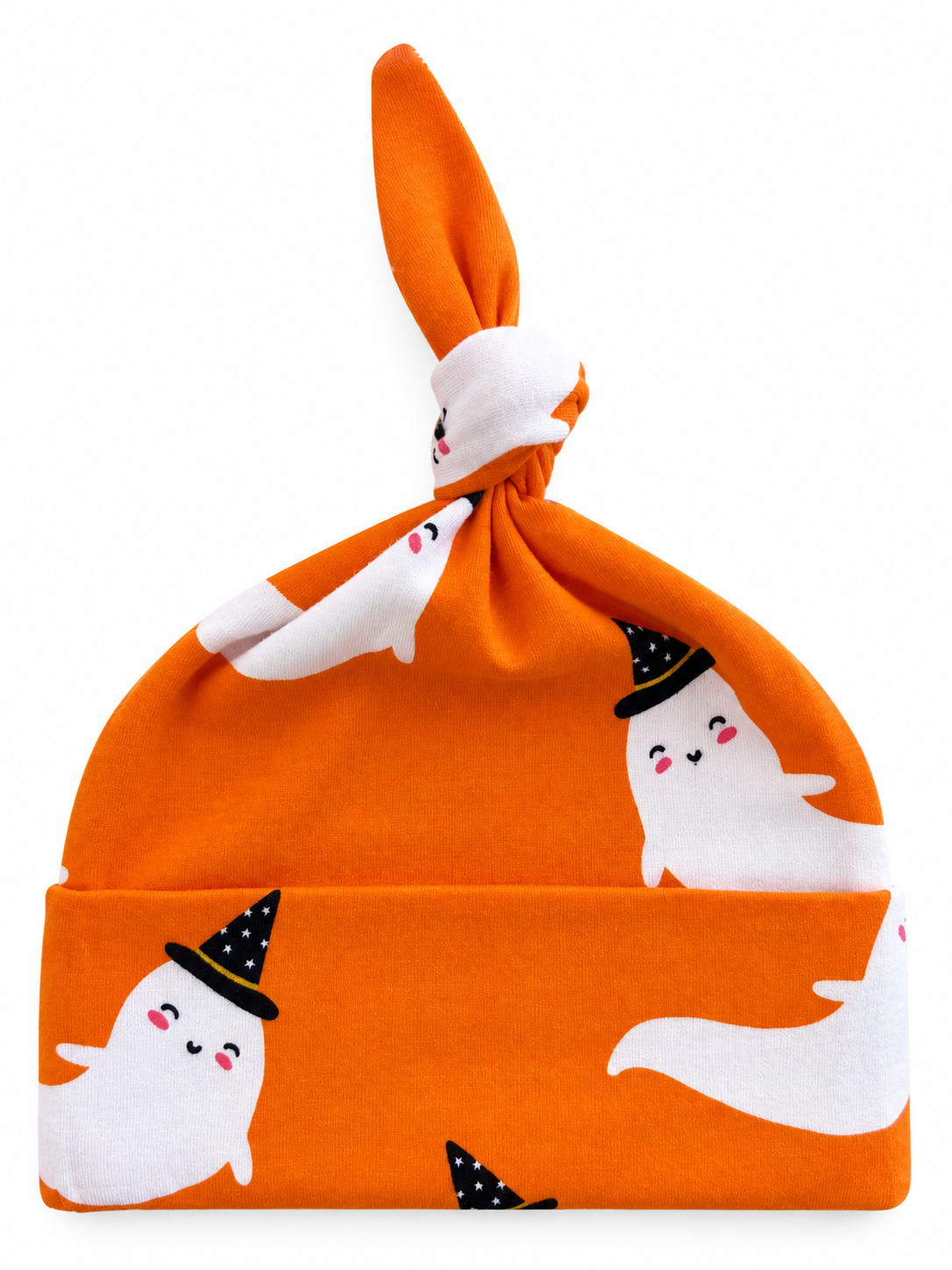 Orange baby beanie with playful ghost print wearing black hats, featuring a knotted top design.