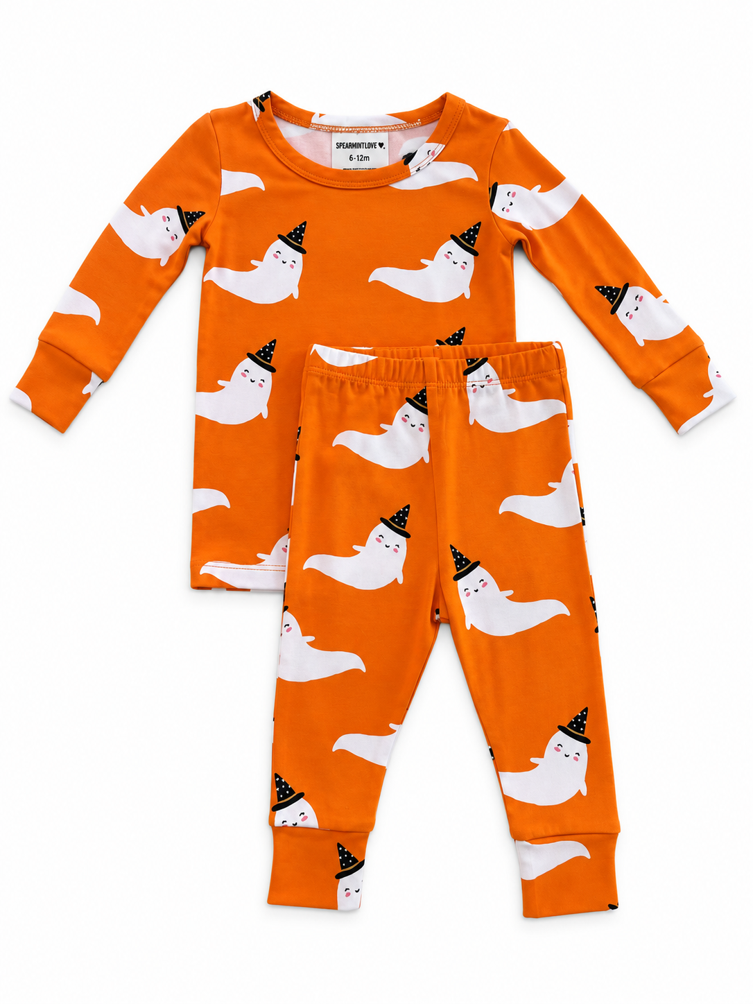 Orange ghost-themed pajamas for infants, featuring smiling ghosts wearing party hats.