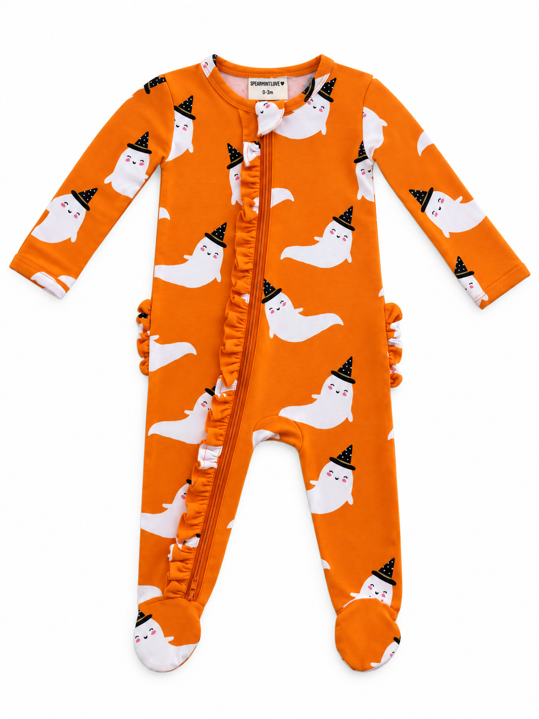 Orange baby onesie with ghost and witch hat pattern, featuring a front zip and ruffle detailing.