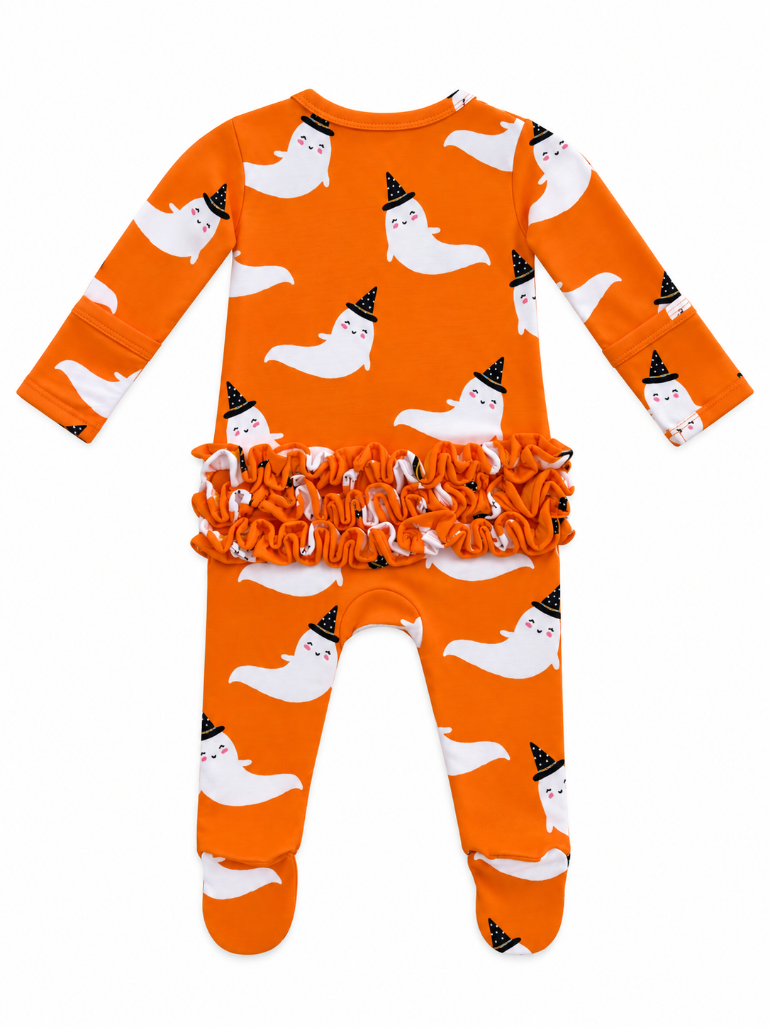 Orange ghost-patterned onesie with long sleeves and a ruffled waist detailing for kids.