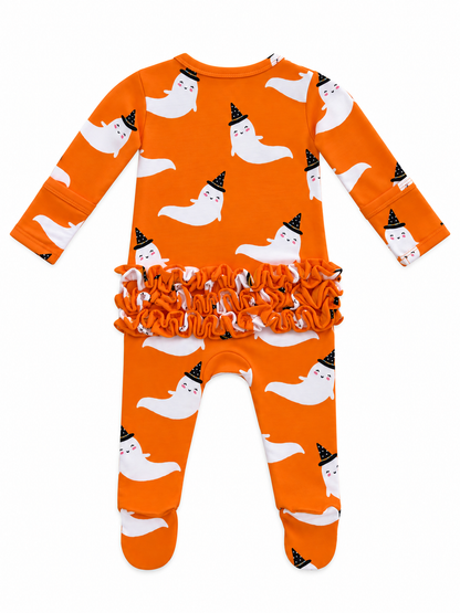 Orange ghost-patterned onesie with long sleeves and a ruffled waist detailing for kids.