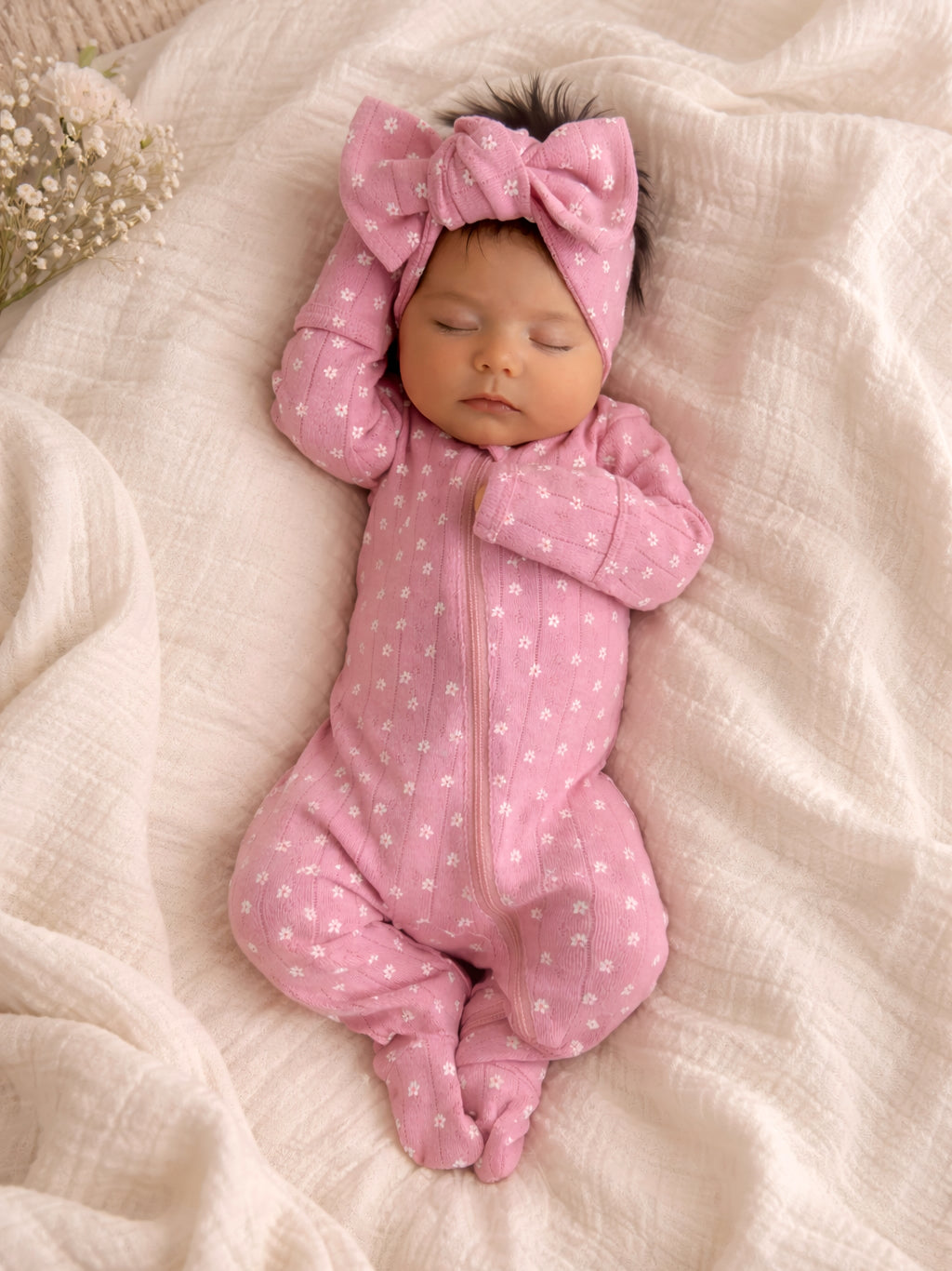 Newborn baby girl in pink floral onesie and bow, peacefully sleeping on a soft white blanket.