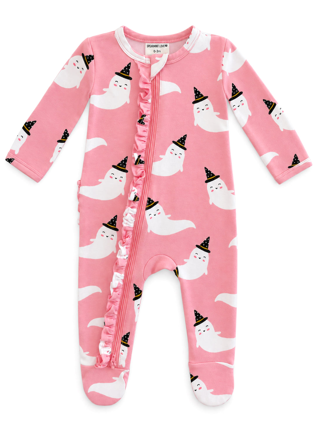 Pink baby onesie with ghost and party hat patterns, featuring front zipper and ruffled detail.