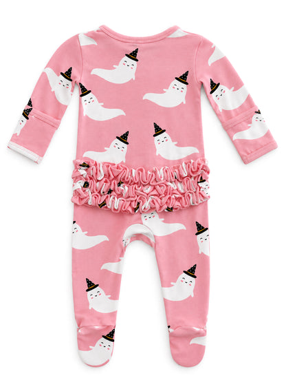 Pink baby pajamas with ghost and hat pattern, featuring a ruffled waist and footed design.