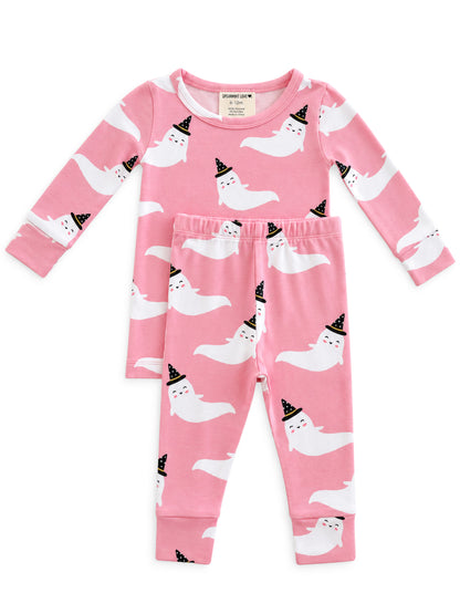Pink pajama set with playful ghost prints and black party hats, sized for infants 6-12 months.