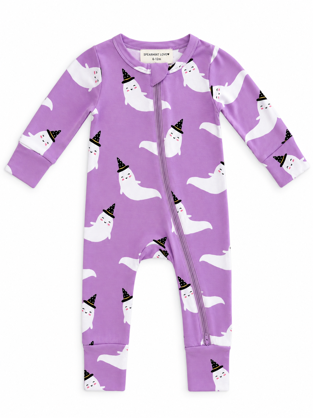 Purple baby onesie with cute ghost and party hat pattern, featuring a front zipper for easy dressing.