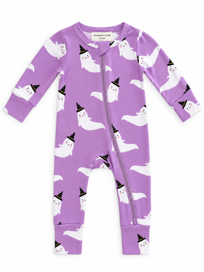 Purple baby onesie with cute ghost and party hat pattern, featuring a front zipper for easy dressing.